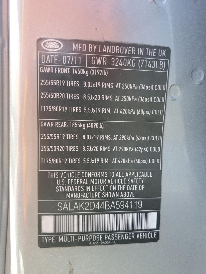 2011 Land Rover Lr4 Hse Luxury VIN: SALAK2D44BA594119 Lot: 80690425
