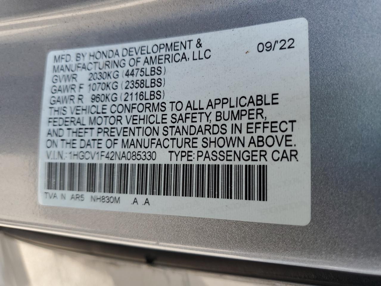 2022 Honda Accord Sport Se VIN: 1HGCV1F42NA085330 Lot: 80745655