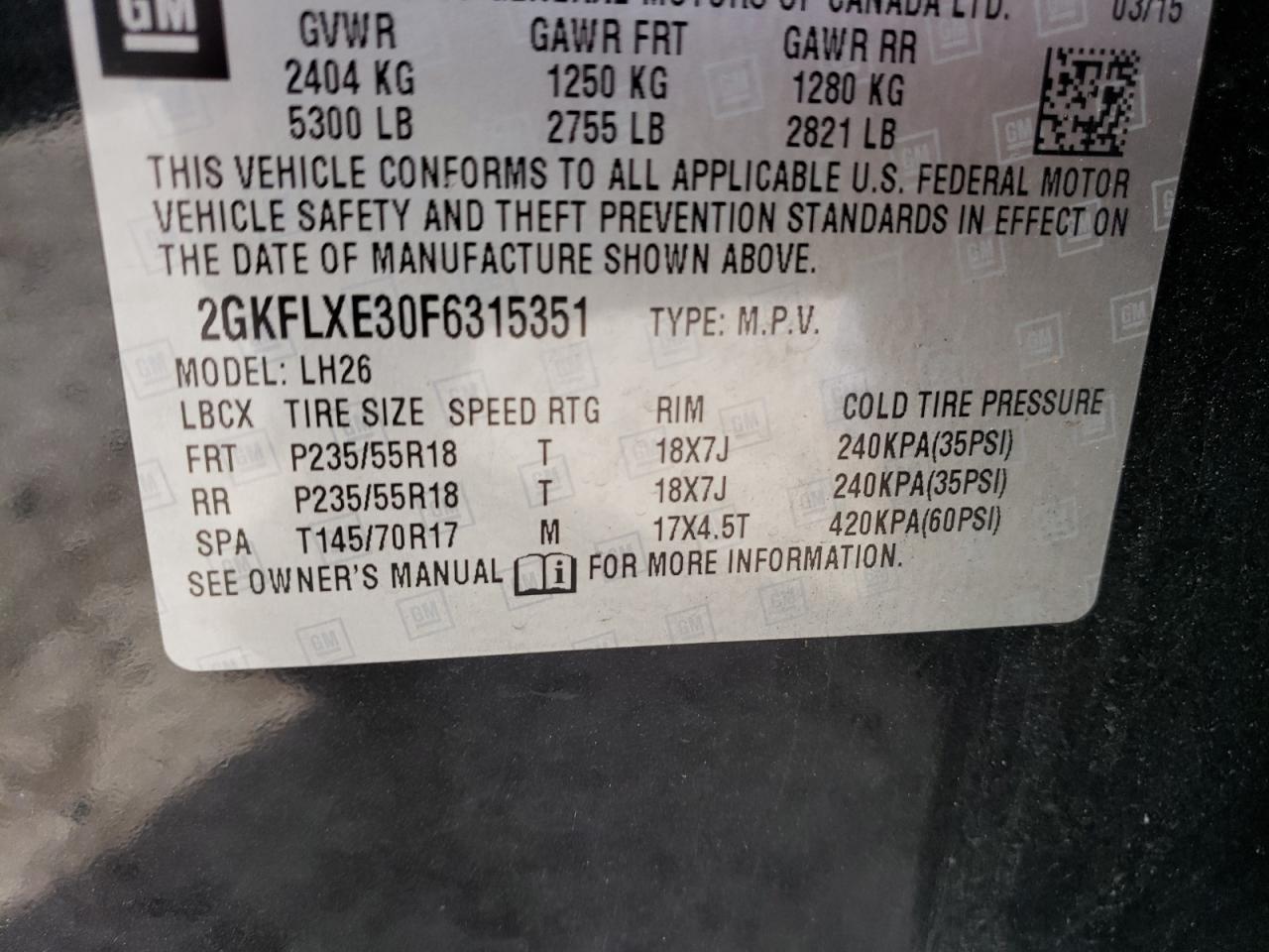 2015 GMC Terrain Slt VIN: 2GKFLXE30F6315351 Lot: 82151805