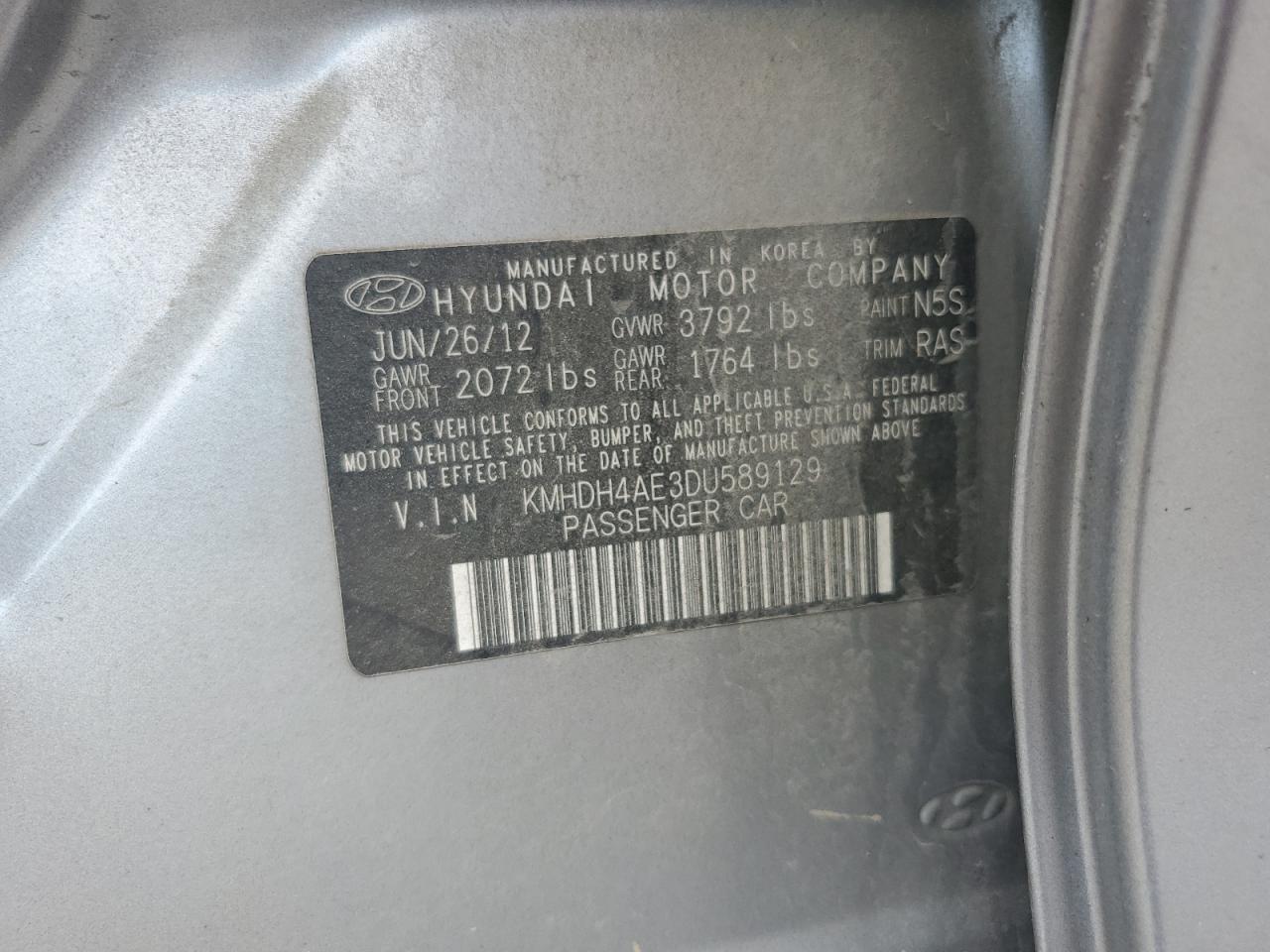 2013 Hyundai Elantra Gls VIN: KMHDH4AE3DU589129 Lot: 81834295