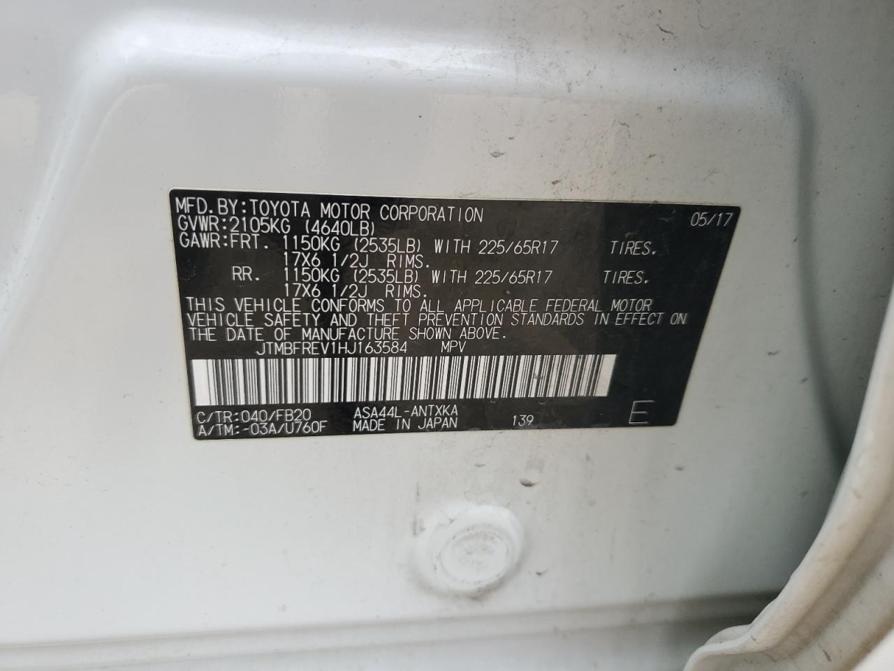 2017 Toyota Rav4 Le VIN: JTMBFREV1HJ163584 Lot: 71511285