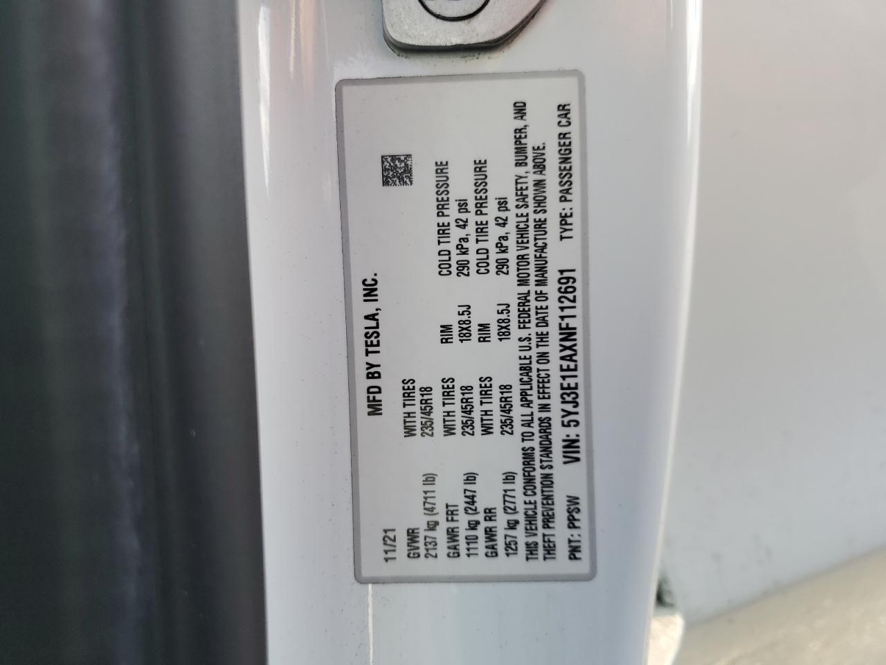 2022 Tesla Model 3 VIN: 5YJ3E1EAXNF112691 Lot: 71114065