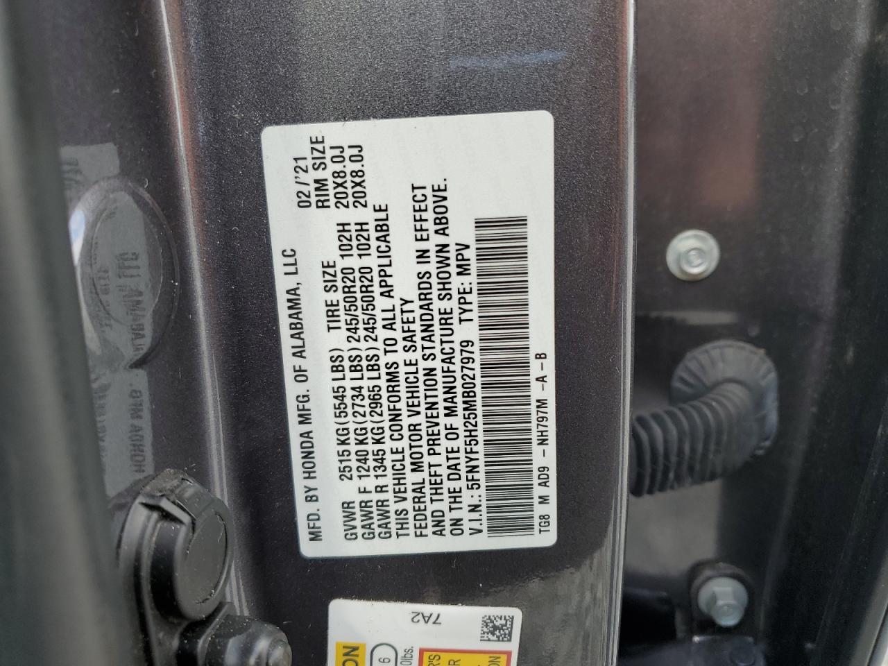 2021 Honda Pilot Se VIN: 5FNYF5H25MB027979 Lot: 81874505