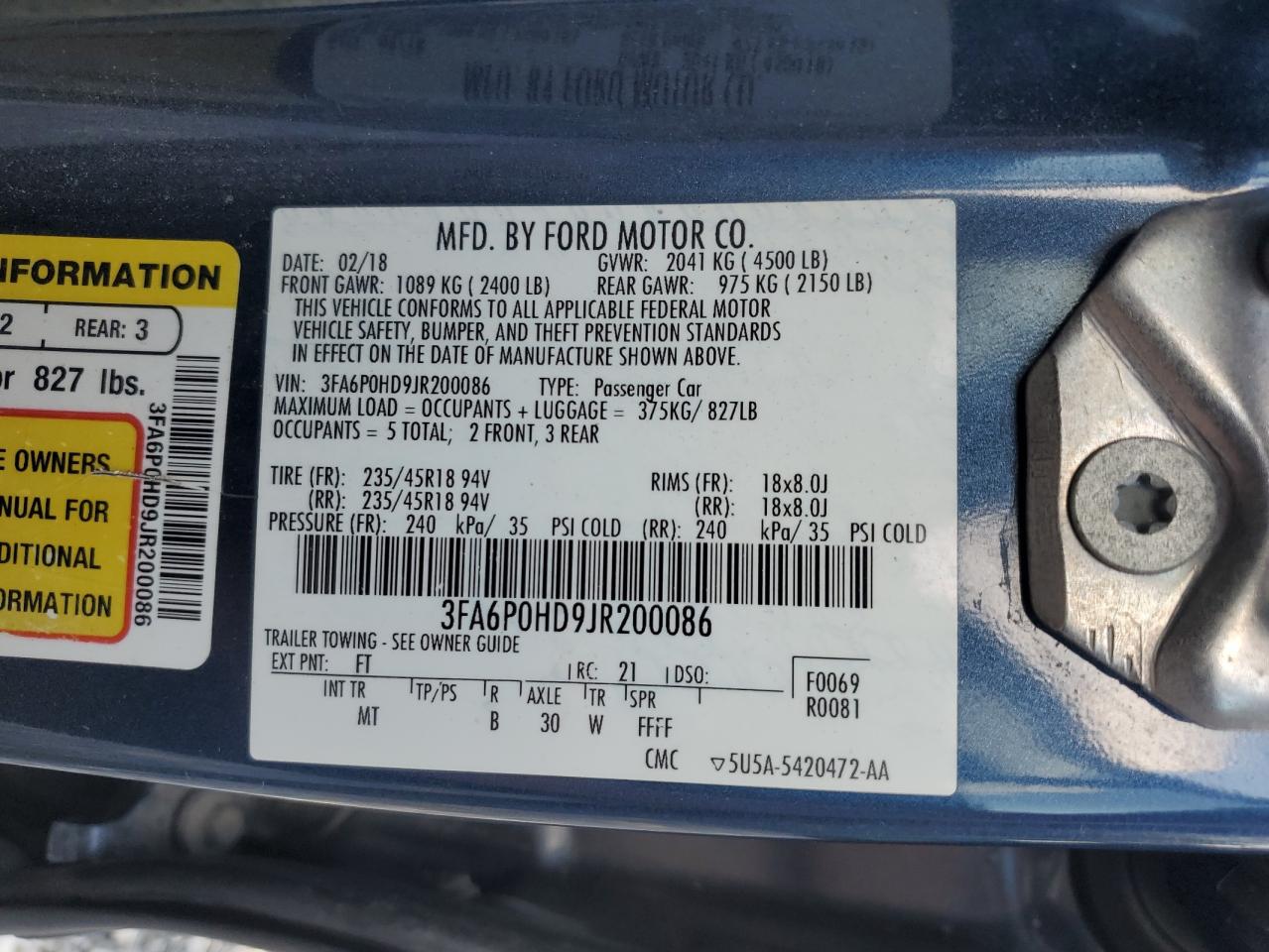 2018 Ford Fusion Se VIN: 3FA6P0HD9JR200086 Lot: 80211725