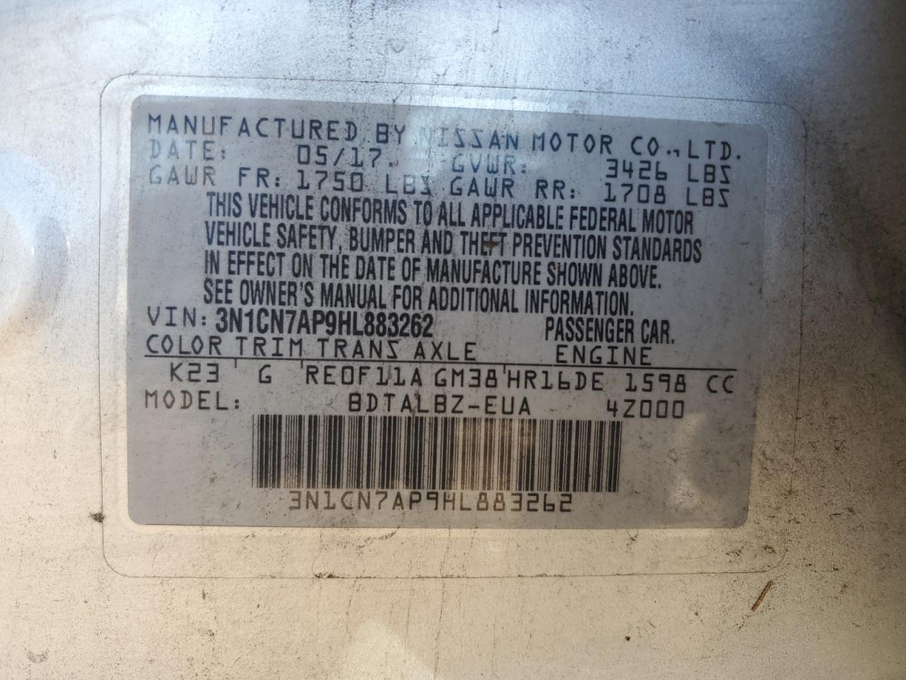 2017 Nissan Versa S VIN: 3N1CN7AP9HL883262 Lot: 84817625