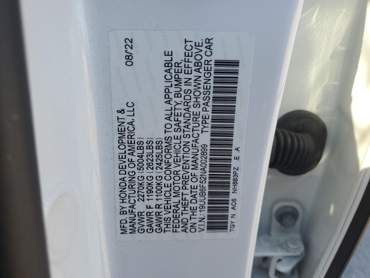 2022 Acura Tlx Tech A VIN: 19UUB6F52NA002899 Lot: 81005905