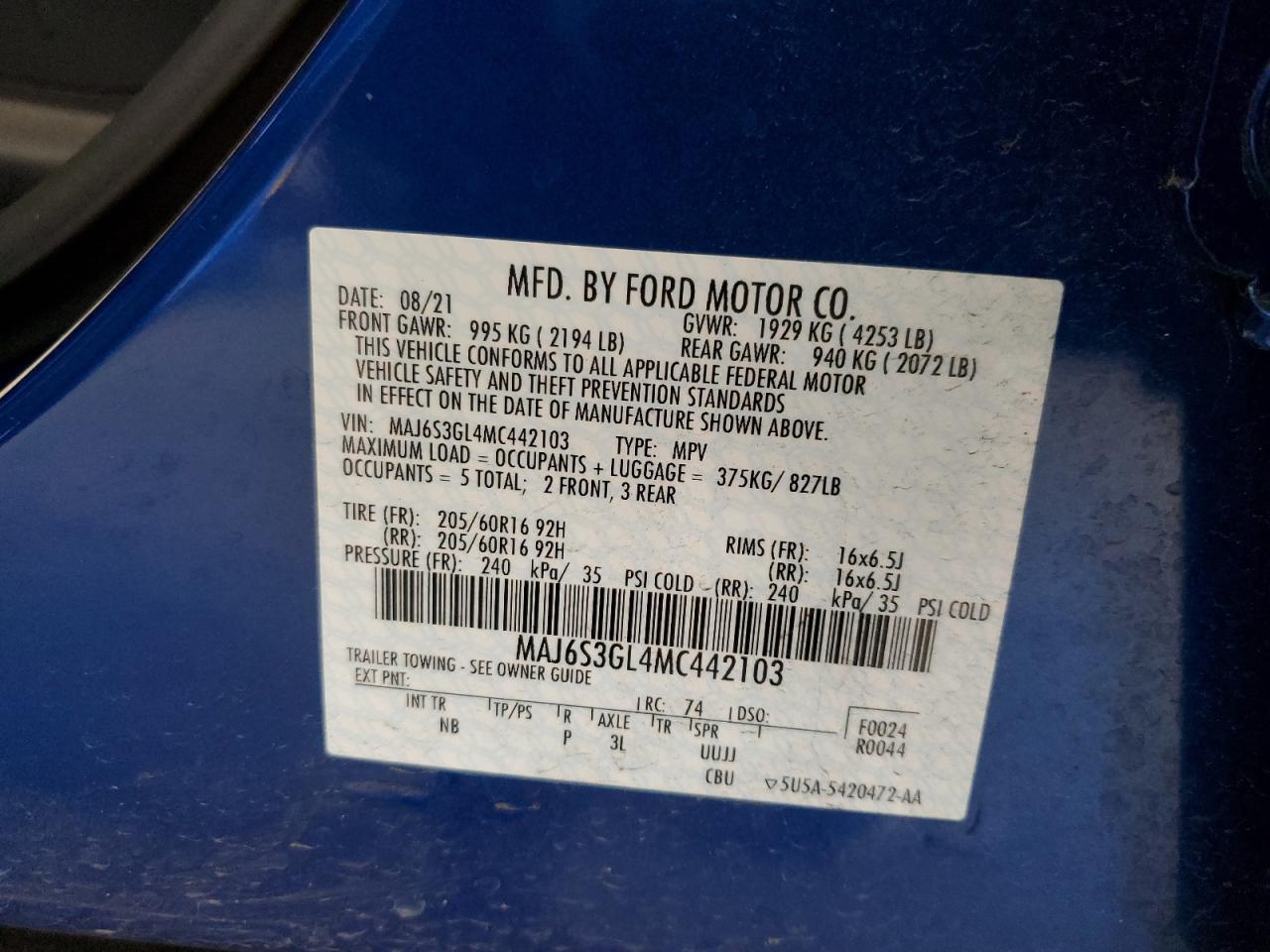 2021 Ford Ecosport Se VIN: MAJ6S3GL4MC442103 Lot: 81690865