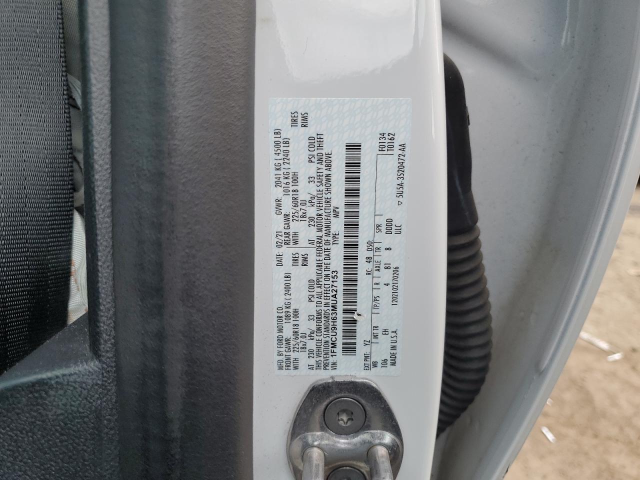 2021 Ford Escape Sel VIN: 1FMCU9H63MUA27153 Lot: 84021275