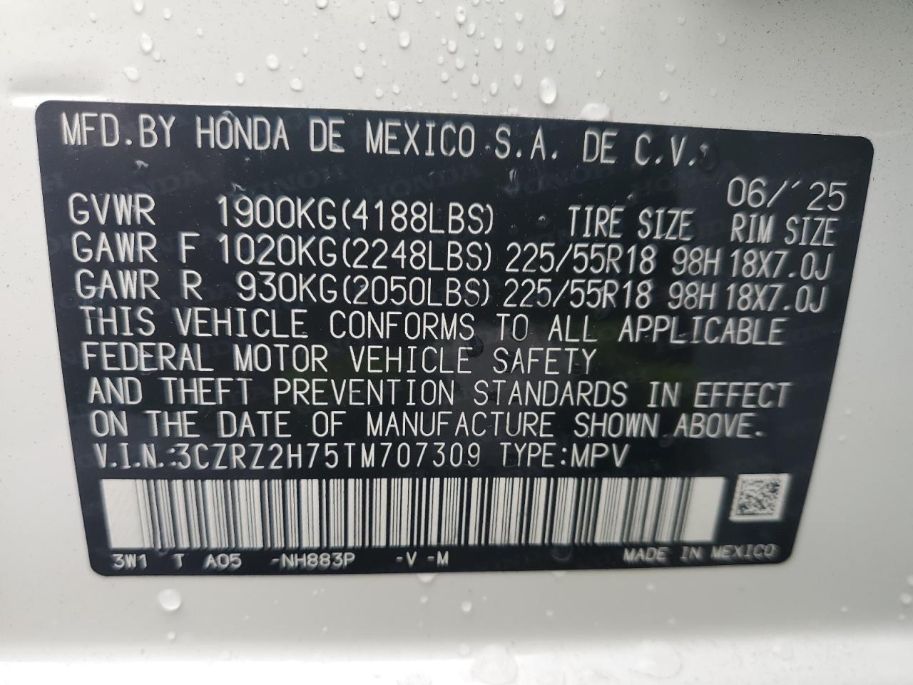 2026 Honda Hr-V Exl VIN: 3CZRZ2H75TM707309 Lot: 81471995