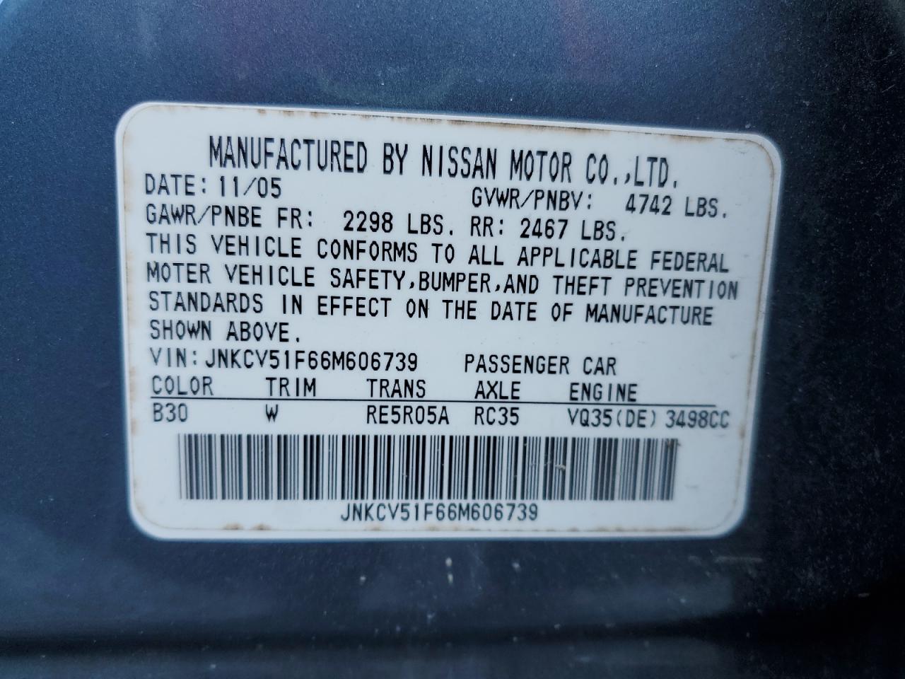 2006 Infiniti G35 VIN: JNKCV51F66M606739 Lot: 71896305