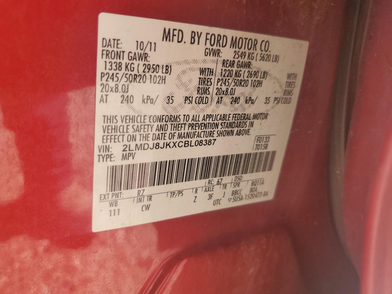 2012 Lincoln Mkx VIN: 2LMDJ8JKXCBL08387 Lot: 70782205