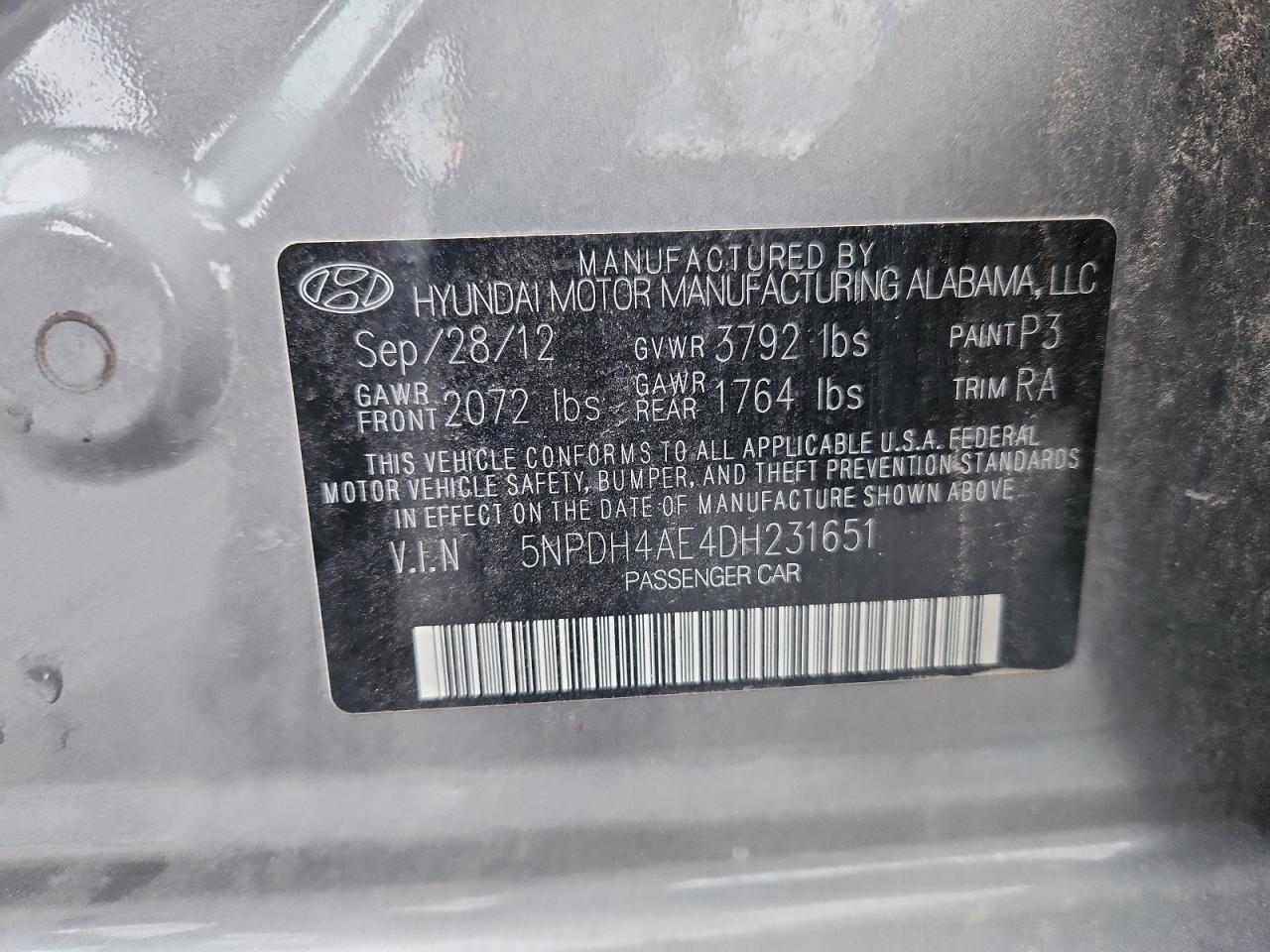 2013 Hyundai Elantra Gls VIN: 5NPDH4AE4DH231651 Lot: 80307675