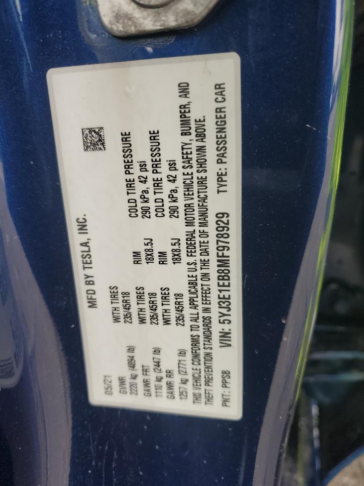 2021 Tesla Model 3 VIN: 5YJ3E1EB8MF978929 Lot: 84018215