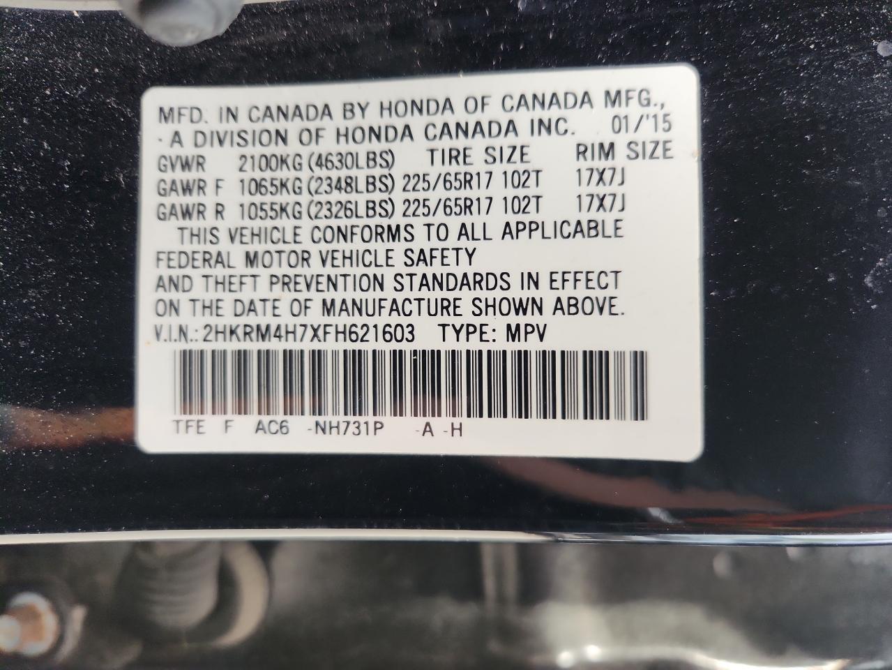 2015 Honda Cr-V Exl VIN: 2HKRM4H7XFH621603 Lot: 71255555