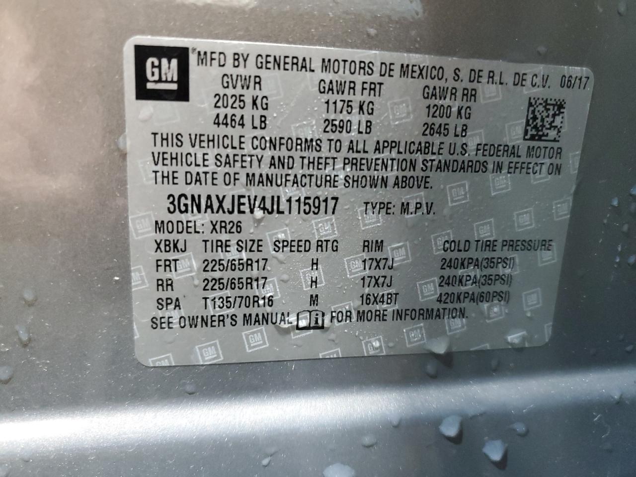 2018 Chevrolet Equinox Lt VIN: 3GNAXJEV4JL115917 Lot: 72014895