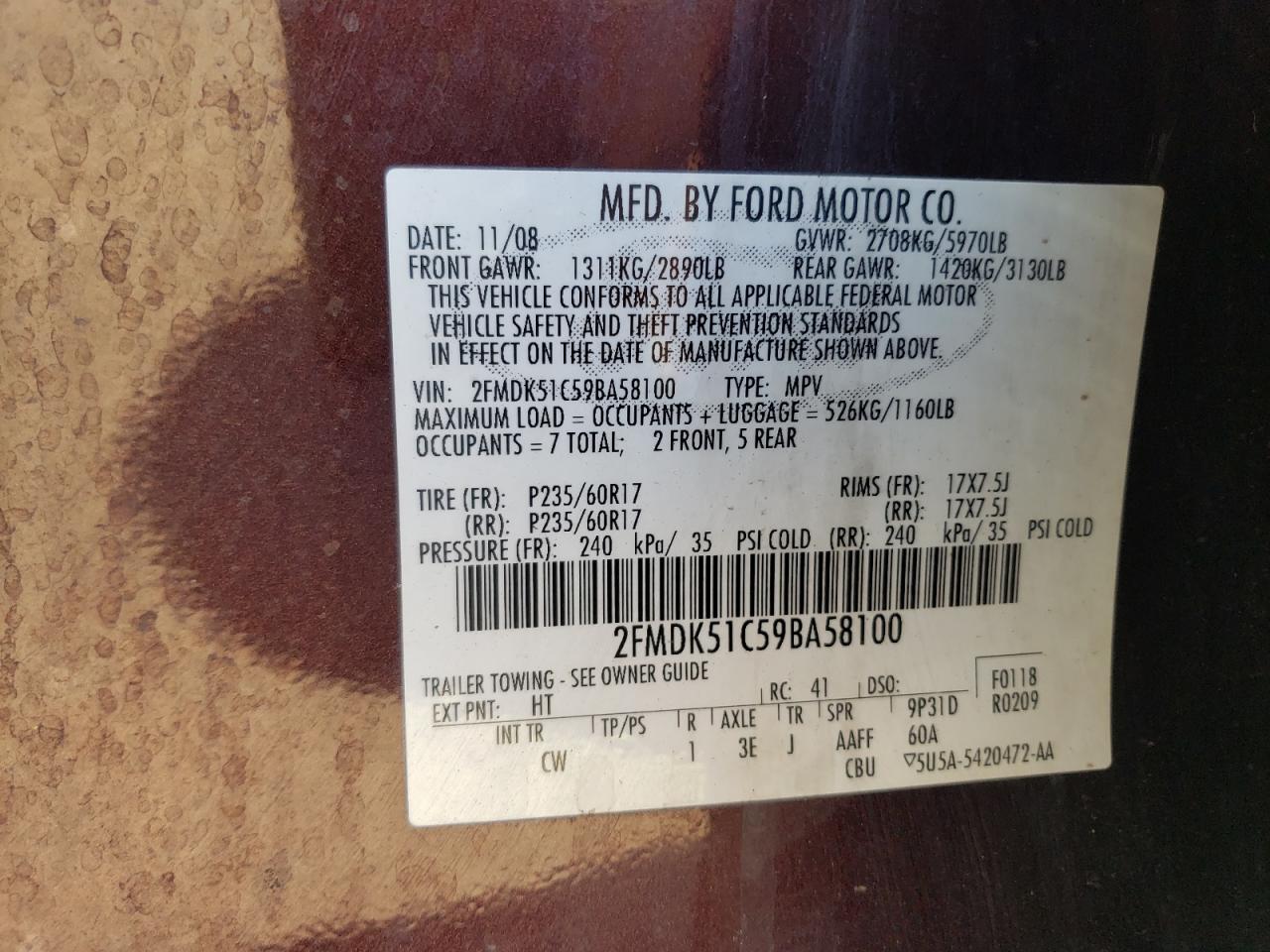 2009 Ford Flex Se VIN: 2FMDK51C59BA58100 Lot: 80796275