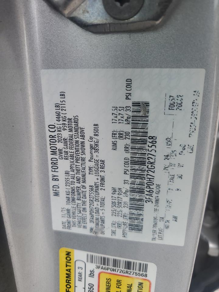 2016 Ford Fusion Se VIN: 3FA6P0H72GR275568 Lot: 70266215