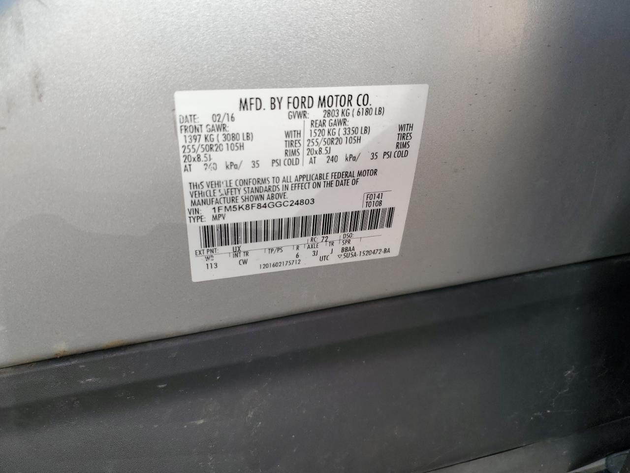 2016 Ford Explorer Limited VIN: 1FM5K8F84GGC24803 Lot: 71109715