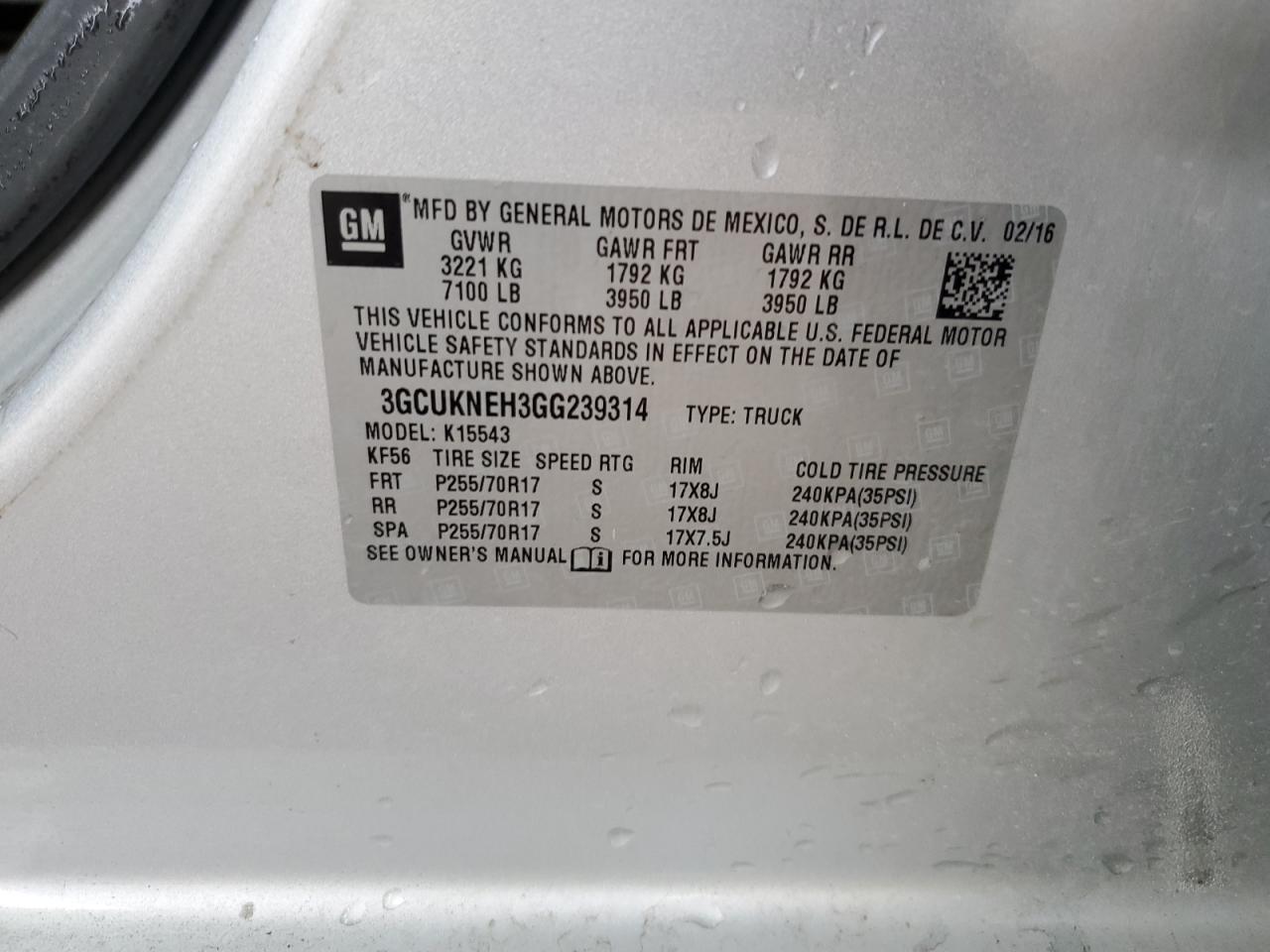 2016 Chevrolet Silverado K1500 VIN: 3GCUKNEH3GG239314 Lot: 80502985