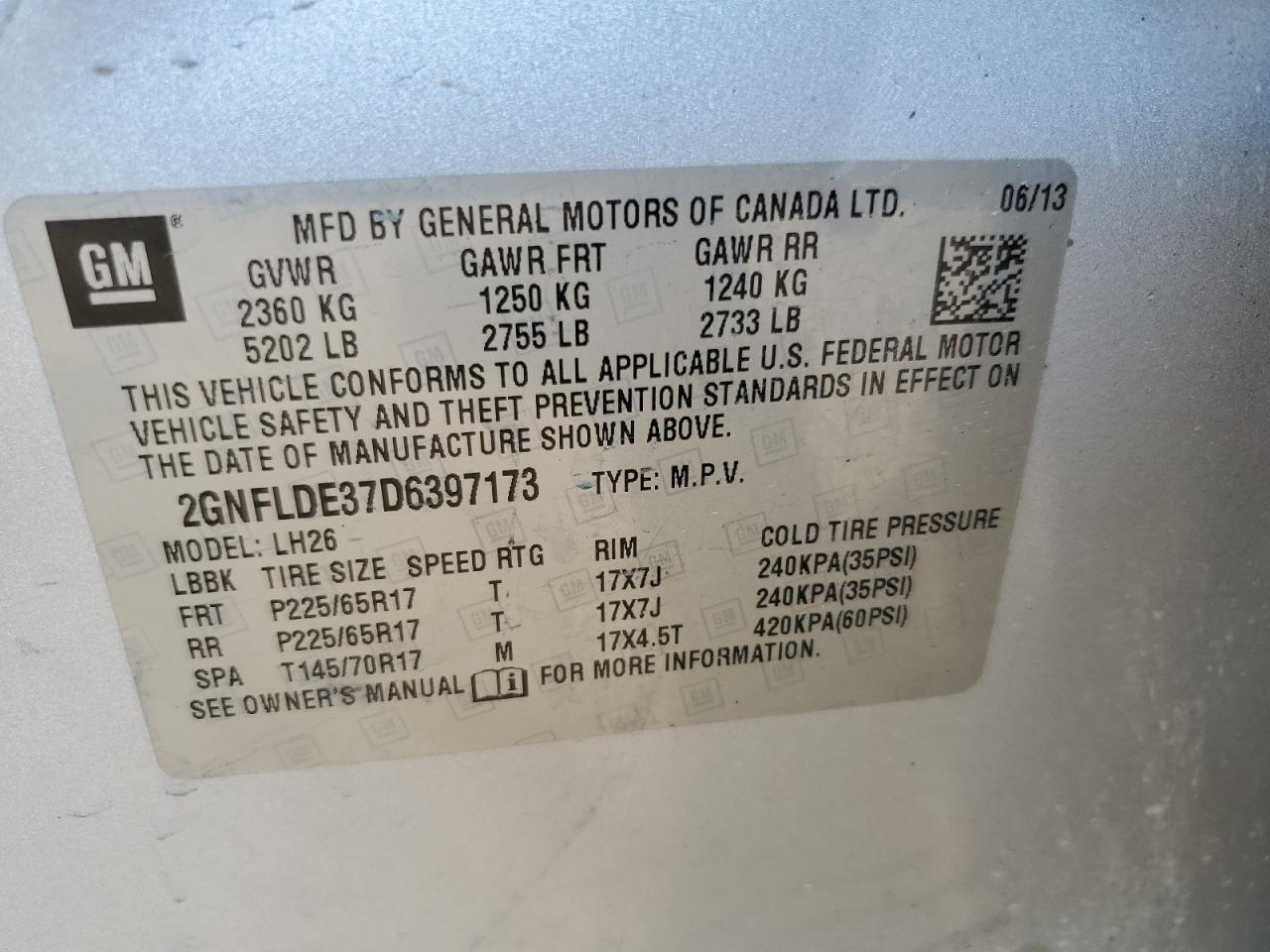 2013 Chevrolet Equinox Lt VIN: 2GNFLDE37D6397173 Lot: 81653125