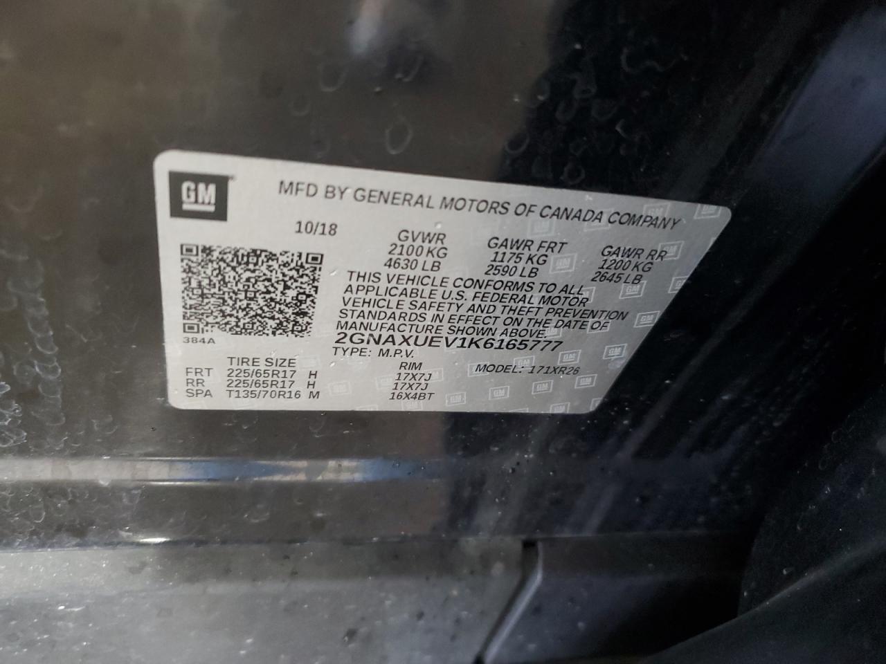 2019 Chevrolet Equinox Lt VIN: 2GNAXUEV1K6165777 Lot: 84384005