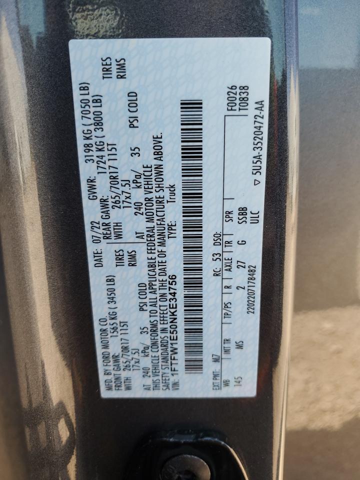 2022 Ford F150 Supercrew VIN: 1FTFW1E50NKE34756 Lot: 71238645