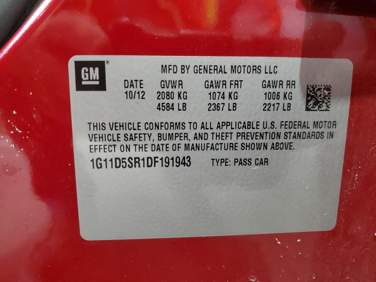 2013 Chevrolet Malibu 1Lt VIN: 1G11D5SR1DF191943 Lot: 70972095