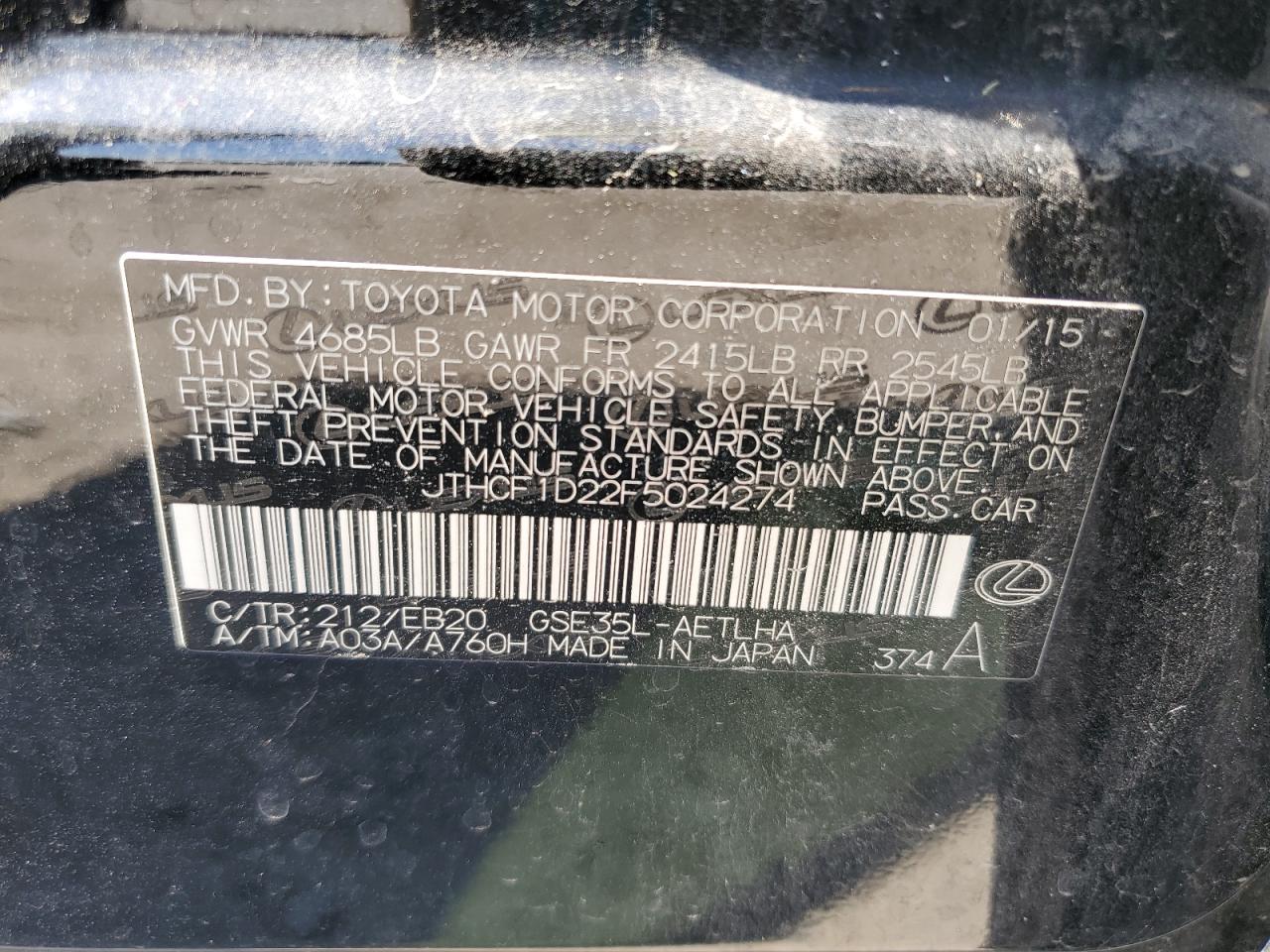 2015 Lexus Is 250 VIN: JTHCF1D22F5024274 Lot: 80321395