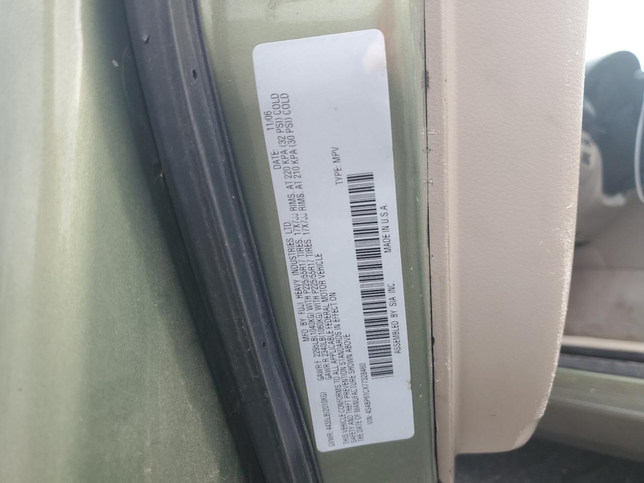 2007 Subaru Outback Outback 2.5I VIN: 4S4BP61CX77328460 Lot: 84356615