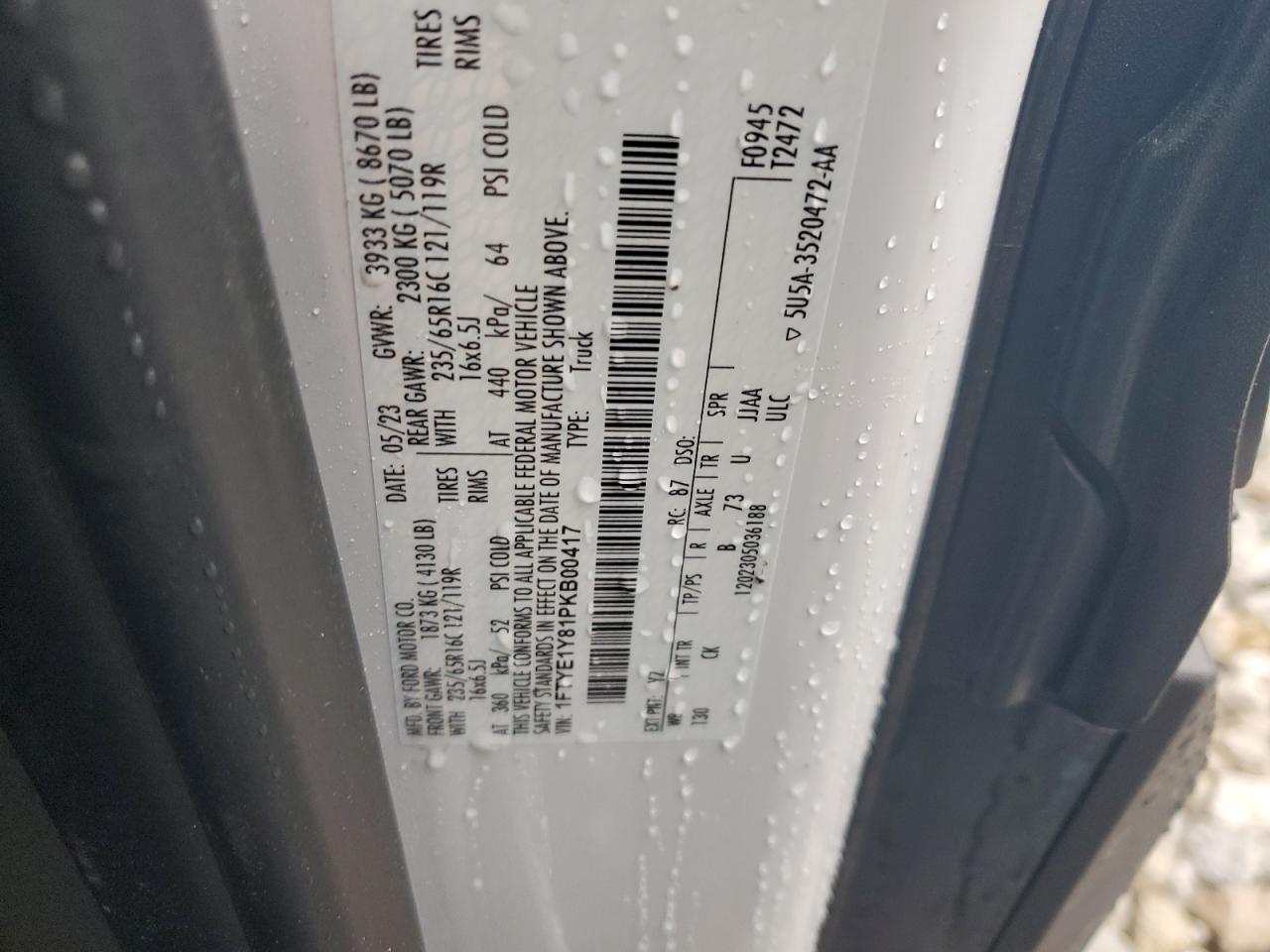 2023 Ford Transit T-150 VIN: 1FTYE1Y81PKB00417 Lot: 81513135