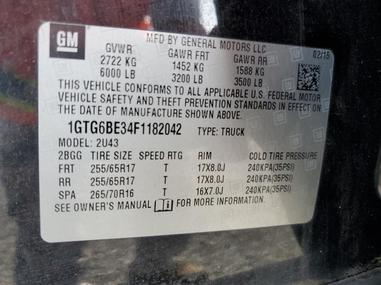 2015 GMC Canyon Sle VIN: 1GTG6BE34F1182042 Lot: 80026915