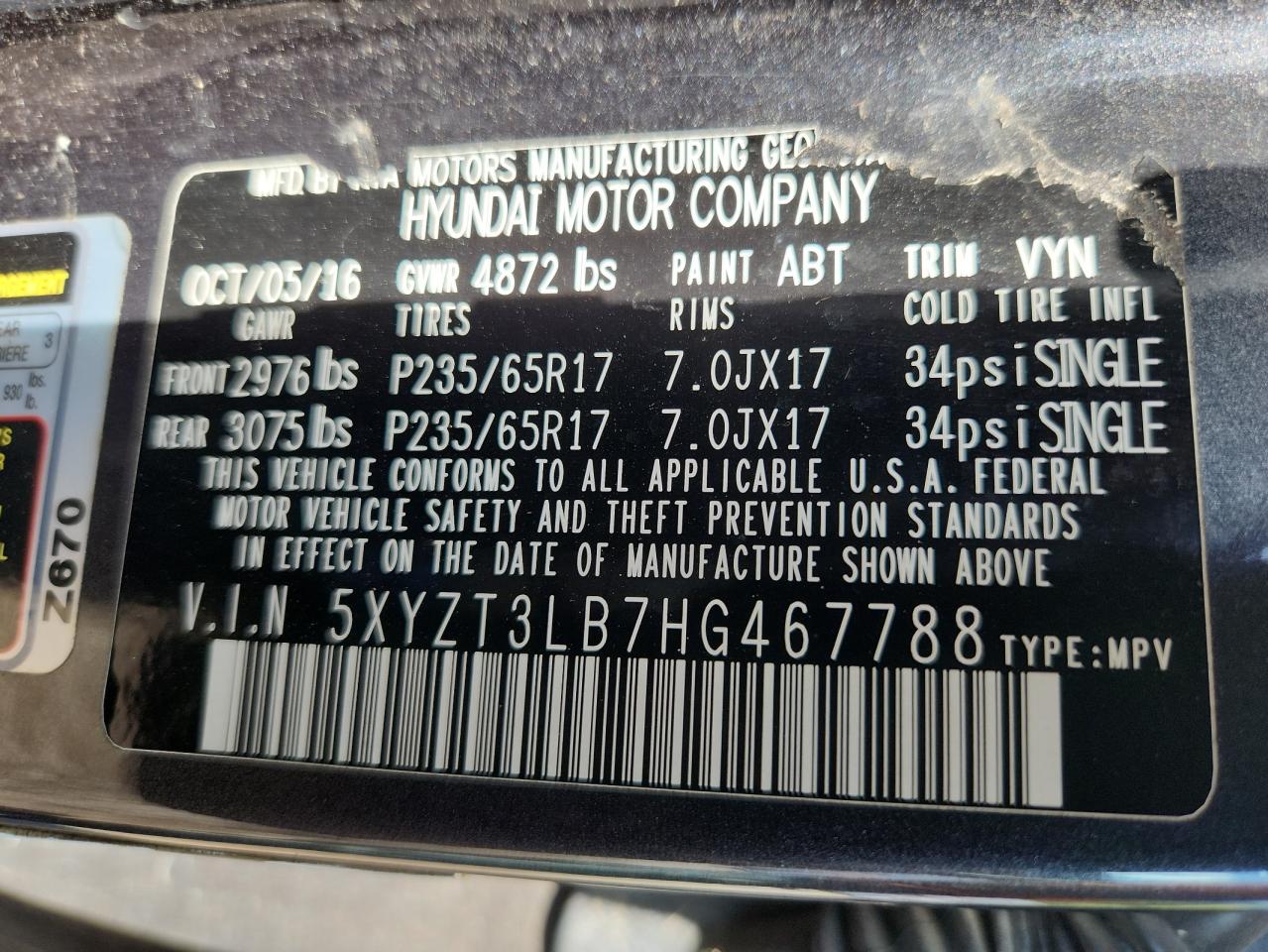 2017 Hyundai Santa Fe Sport VIN: 5XYZT3LB7HG467788 Lot: 83878565