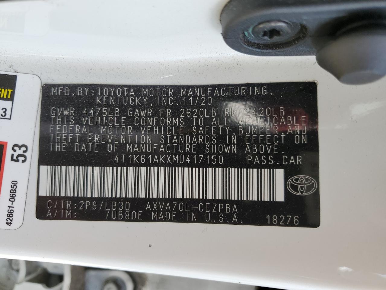 2021 Toyota Camry Xse VIN: 4T1K61AKXMU417150 Lot: 80192245