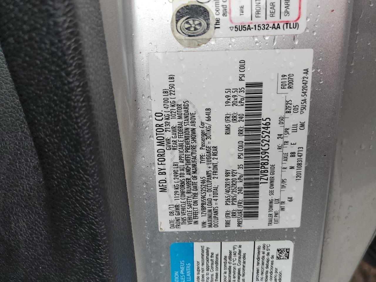 2012 Ford Mustang Shelby Gt500 VIN: 1ZVBP8JS9C5252465 Lot: 82104215