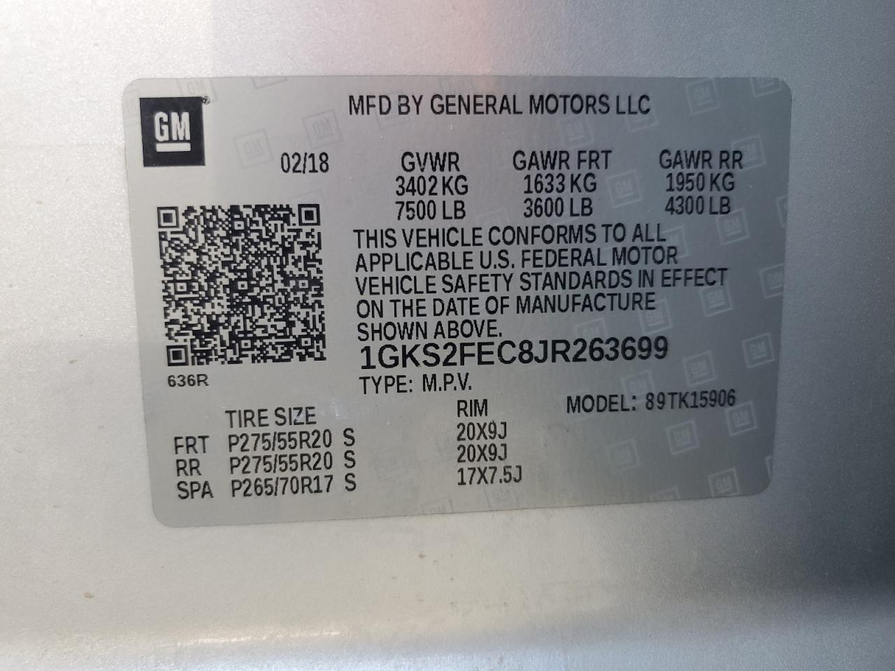 2018 GMC Yukon Xl K1500 Sle VIN: 1GKS2FEC8JR263699 Lot: 80395865