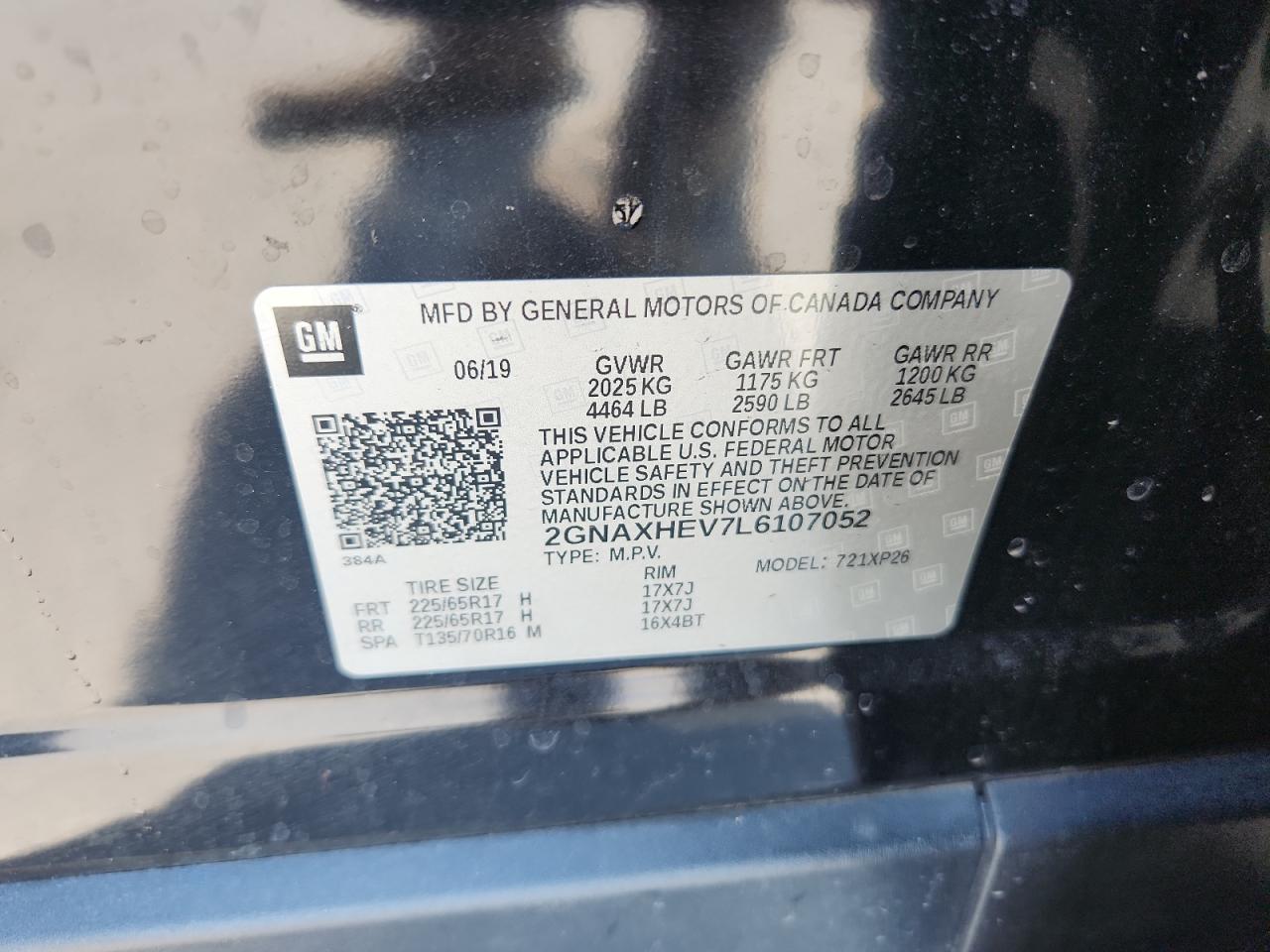 2020 Chevrolet Equinox Ls VIN: 2GNAXHEV7L6107052 Lot: 71480205