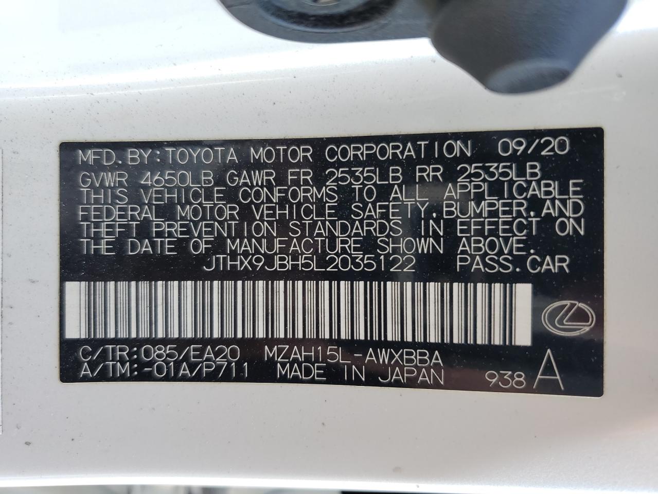 2020 Lexus Ux 250H VIN: JTHX9JBH5L2035122 Lot: 83827345