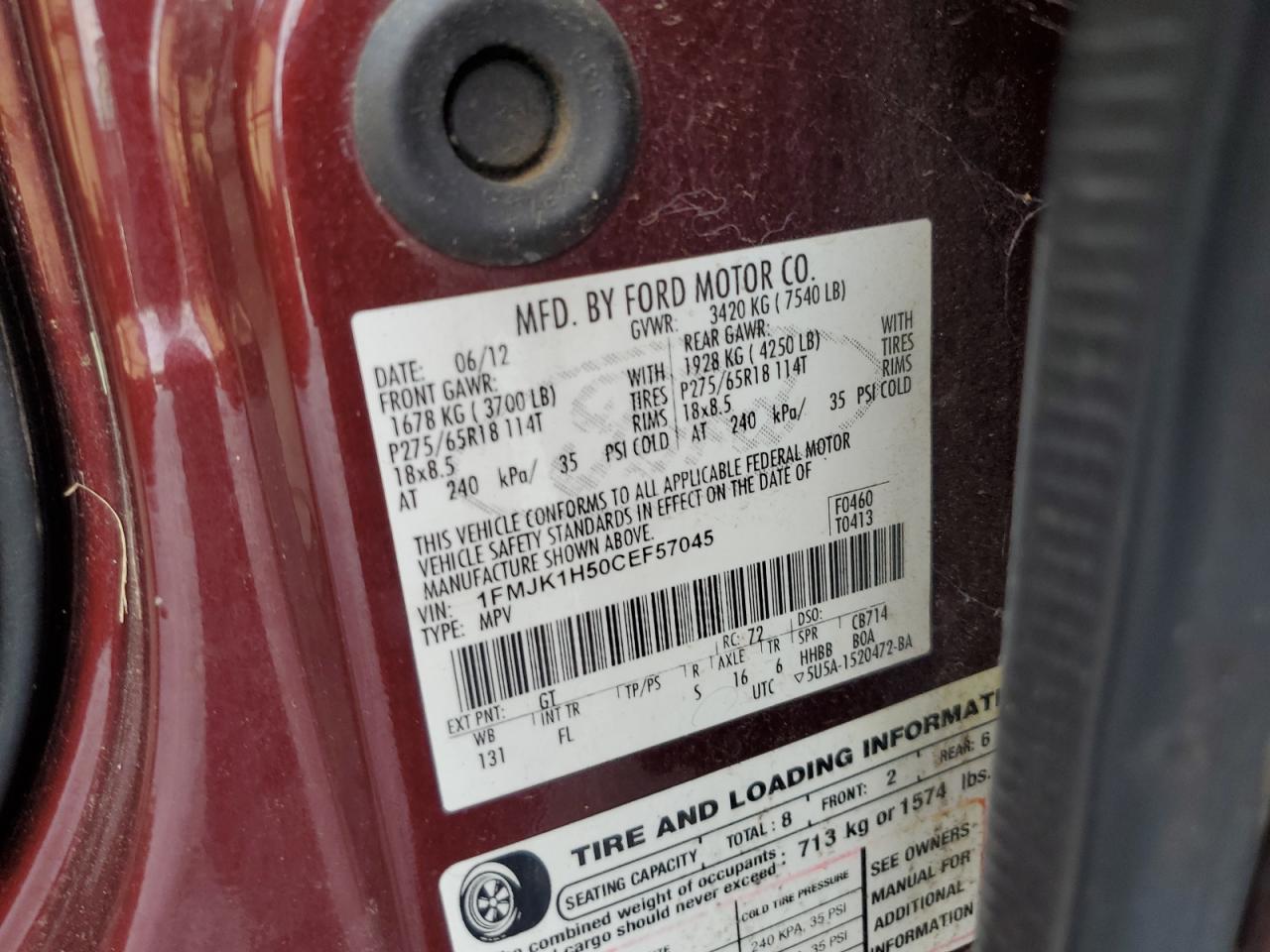 2012 Ford Expedition El Xlt VIN: 1FMJK1H50CEF57045 Lot: 82072745