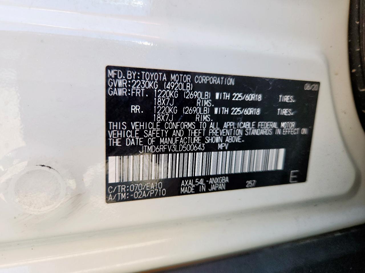 2020 Toyota Rav4 Limited VIN: JTMD6RFV3LD500643 Lot: 71975175