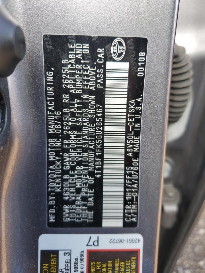 2016 Toyota Camry Le VIN: 4T1BF1FK5GU265467 Lot: 81243865