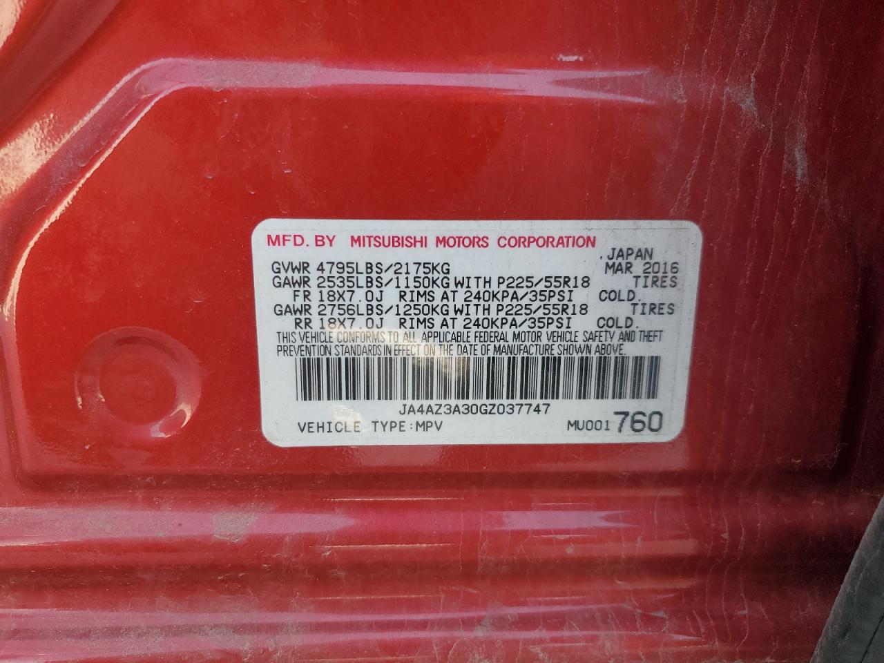 2016 Mitsubishi Outlander Se VIN: JA4AZ3A30GZ037747 Lot: 71009055