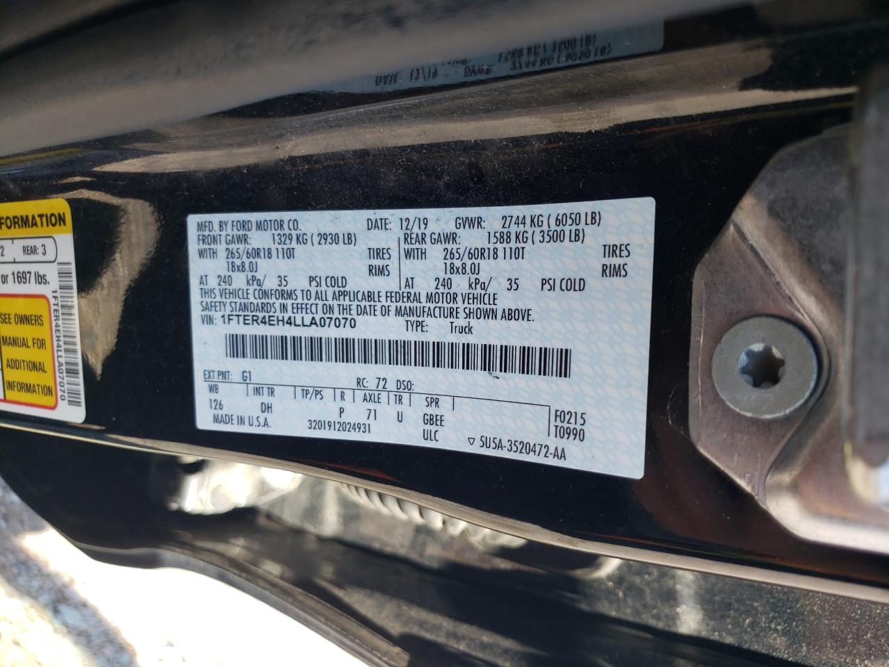 2020 Ford Ranger Xl VIN: 1FTER4EH4LLA07070 Lot: 71721785