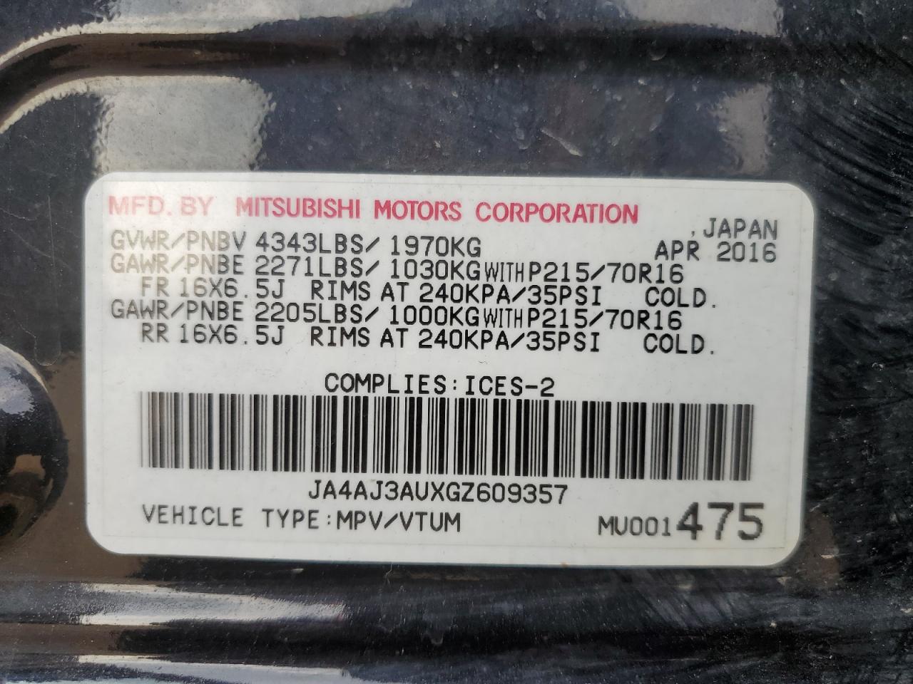 2016 Mitsubishi Rvr Se VIN: JA4AJ3AUXGZ609357 Lot: 80637875