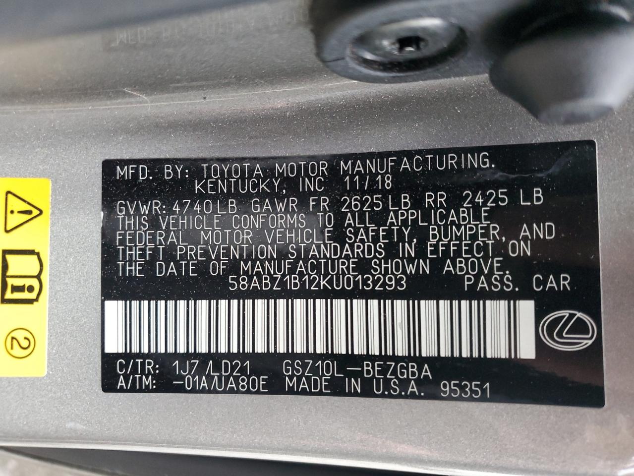 2019 Lexus Es 350 VIN: 58ABZ1B12KU013293 Lot: 80077145