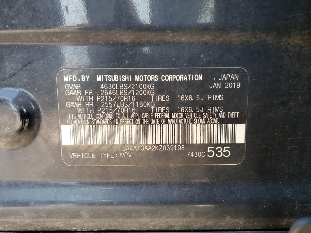 2019 Mitsubishi Eclipse Cross Es VIN: JA4AT3AA2KZ039198 Lot: 80149025