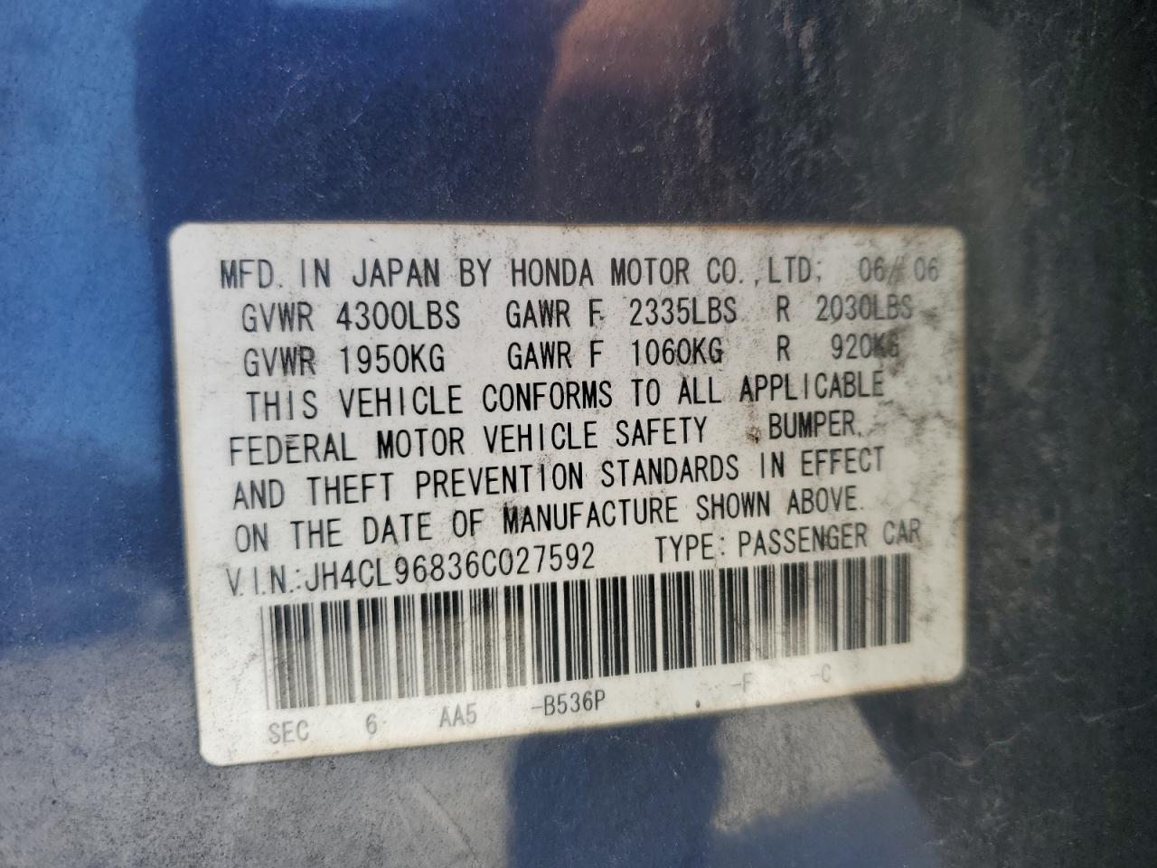 2006 Acura Tsx VIN: JH4CL96836C027592 Lot: 83804335