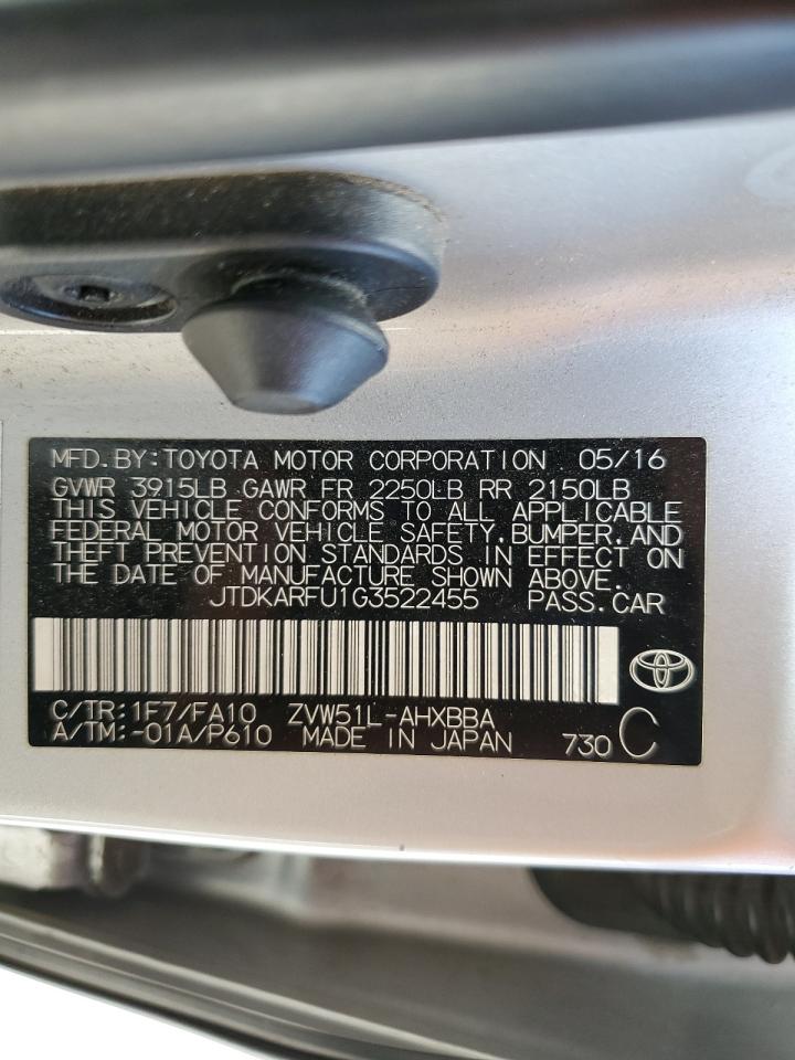 2016 Toyota Prius VIN: JTDKARFU1G3522455 Lot: 81436115