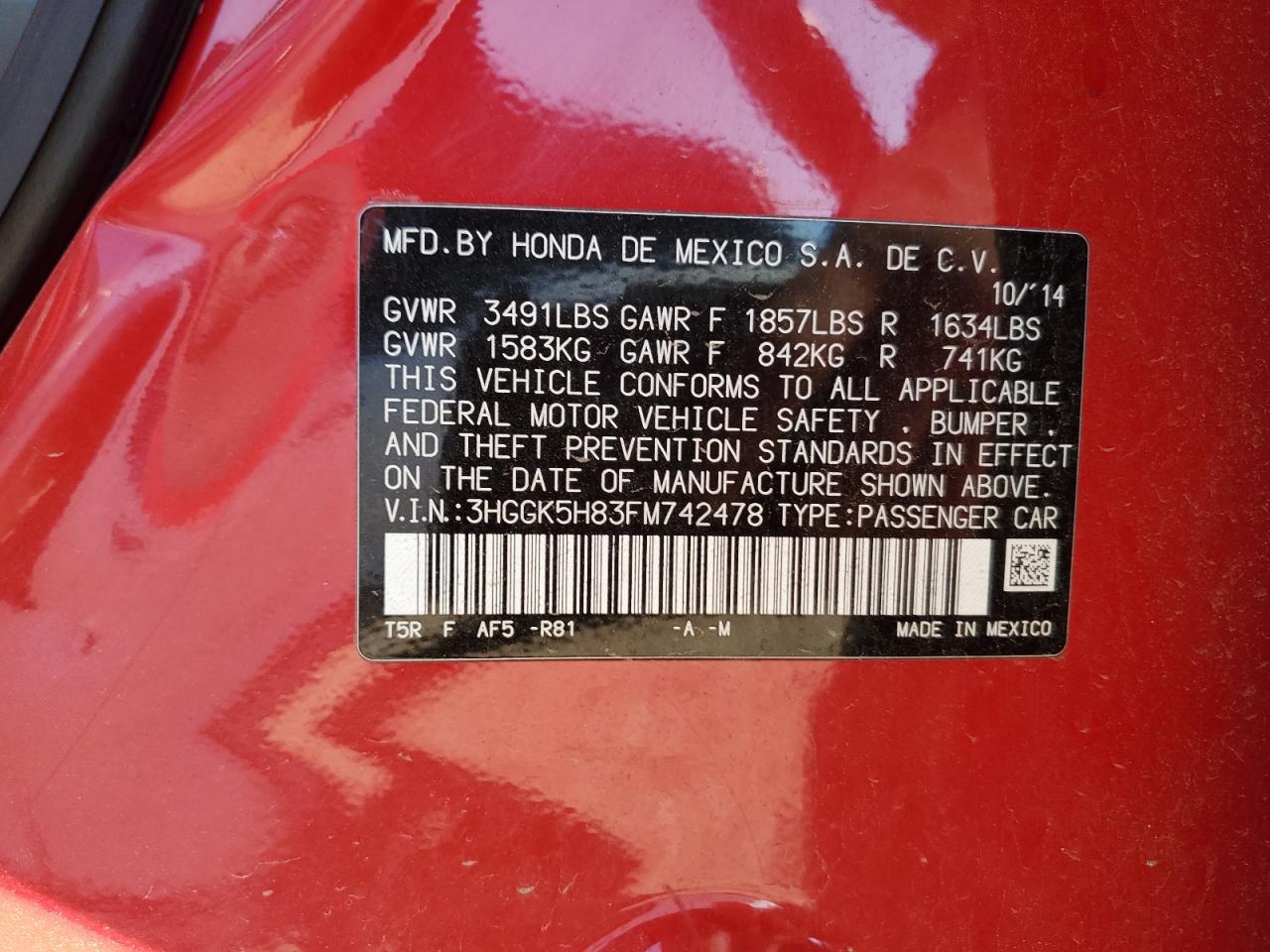 2015 Honda Fit Ex VIN: 3HGGK5H83FM742478 Lot: 80664785