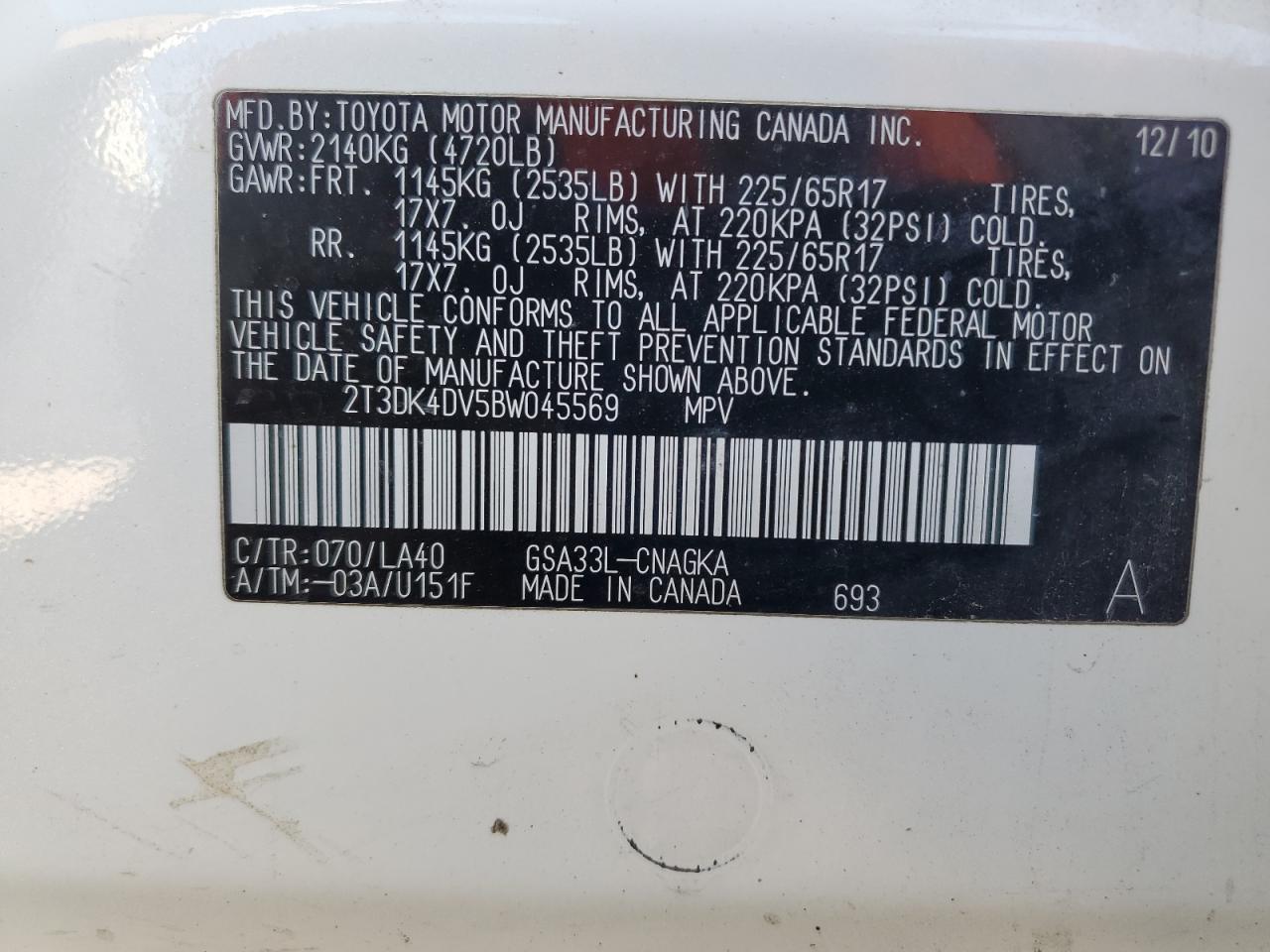 2011 Toyota Rav4 Limited VIN: 2T3DK4DV5BW045569 Lot: 83868975