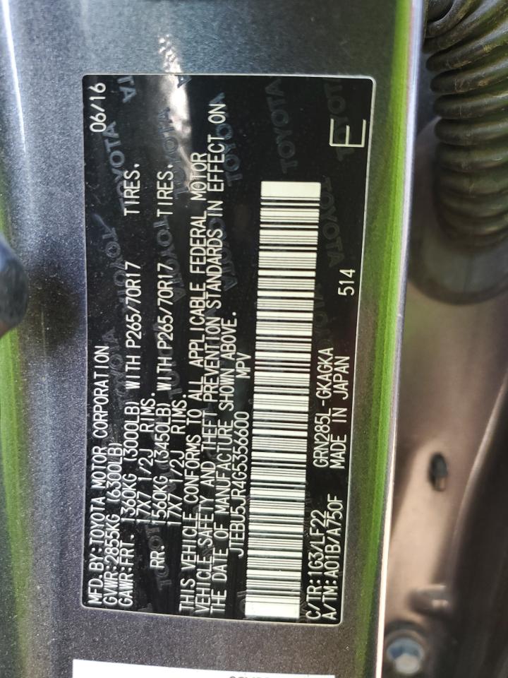 2016 Toyota 4Runner Sr5/Sr5 Premium VIN: JTEBU5JR4G5356600 Lot: 81423505